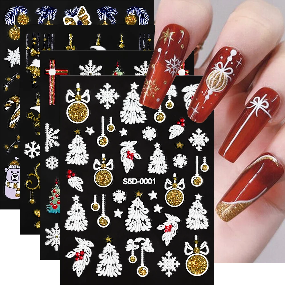 5D Embossed Christmas Nail Sticker Snowflake Elk Penguin Bow Bells Santa Claus Adhesive Slider Winter Xmas New Year Nail Decals