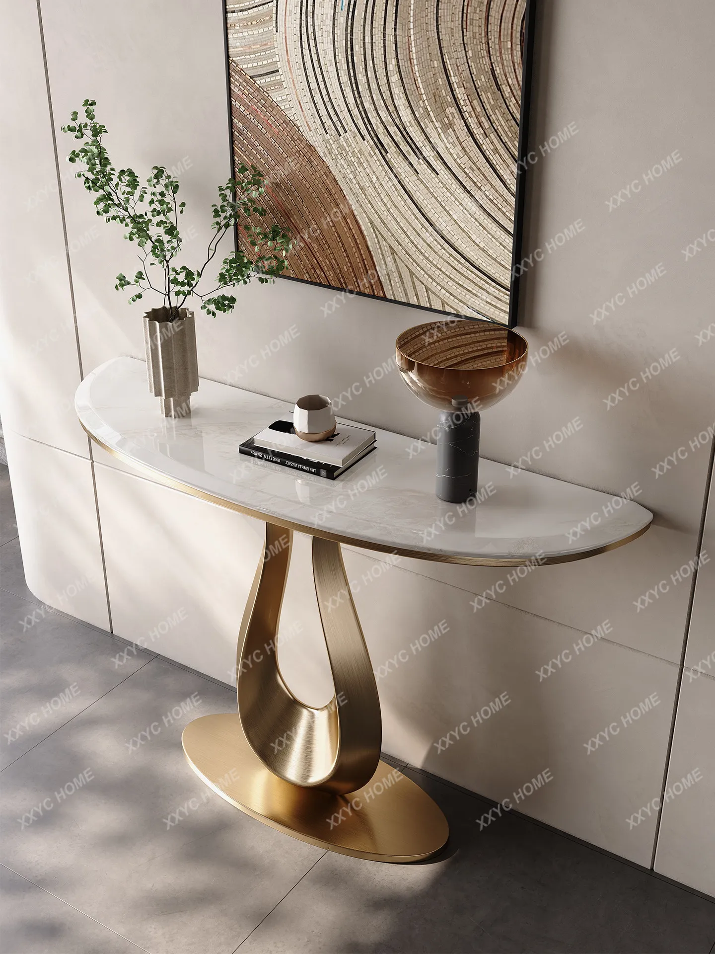 Art entrance table Pure natural luxury stone model house corridor aisle Half moon very narrow wall decorative table