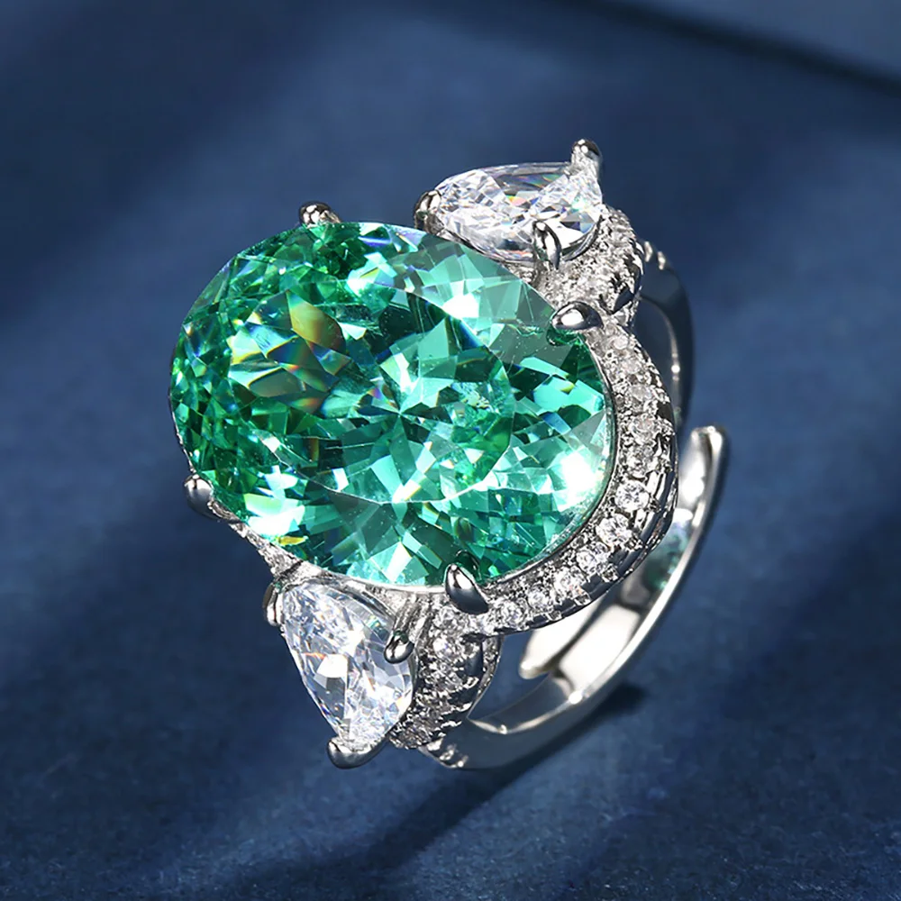 Exquisite 13*18MM Paraiba Green Tourmaline Lab Diamond Ring Retro Gemstone Party Fine Jewel for Women Accessories Birthday Gift