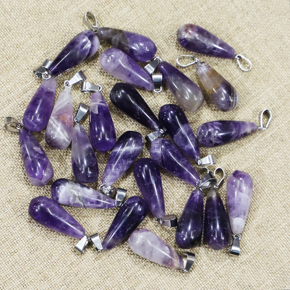 

Natural Stone Round Long Water Drop Lavender Amethyst Pendant Necklace Creative Fashion Jewelry Accessories Wholesale 20Pcs/ Lot