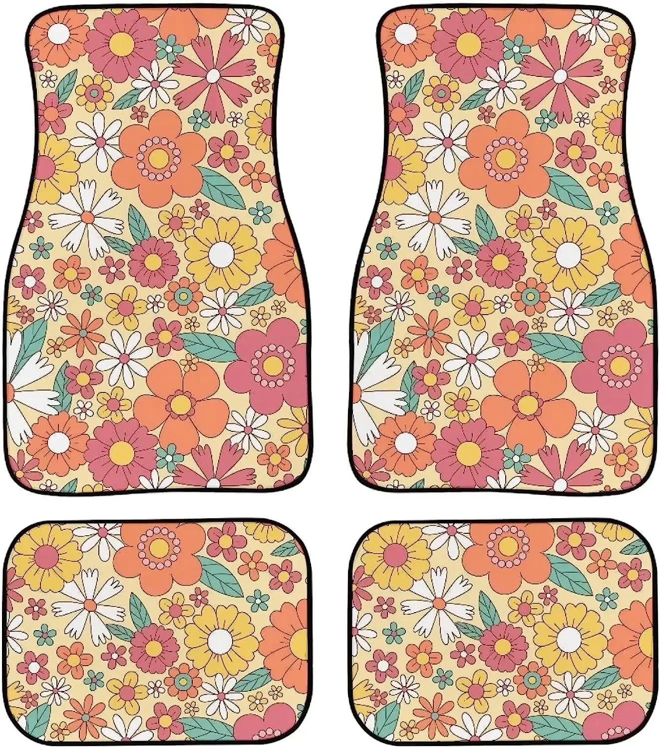 Hippie Groovy Flower Floral Pattern 4 Pieces Floor Mat for Car Auto Interior Protector Accessories Universal Fit Most Vehicle