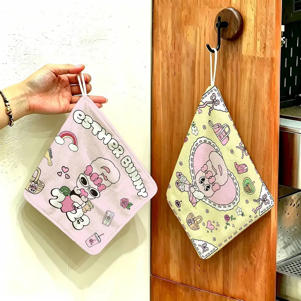 E-Esther-Bunny Retro-Kawaii Hanging Kitchen Towel, Polyester Cotton Fabric, Absorbent Hand Wiping Towel for Home Dormitory