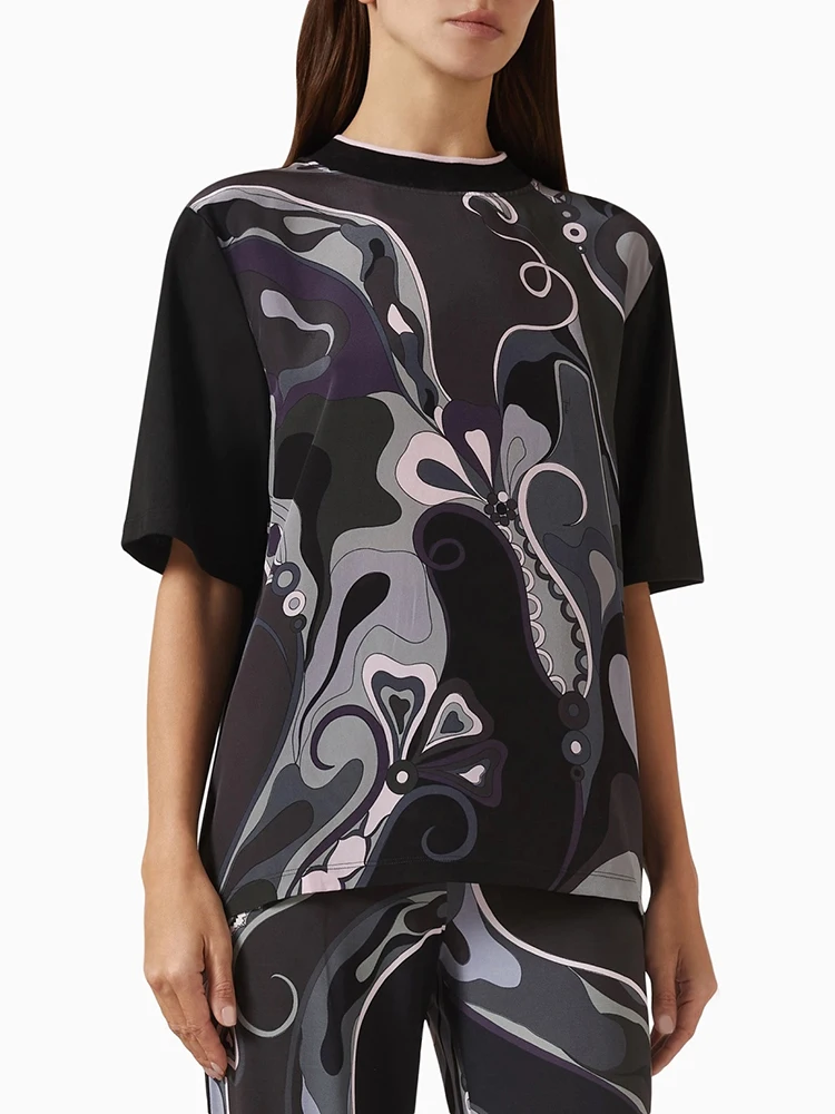Summer Fashion Vintage Geometric Print Casual Loose Cotton T-Shirts Women's O-Neck Short Sleeve Simplicity Versatile Tops