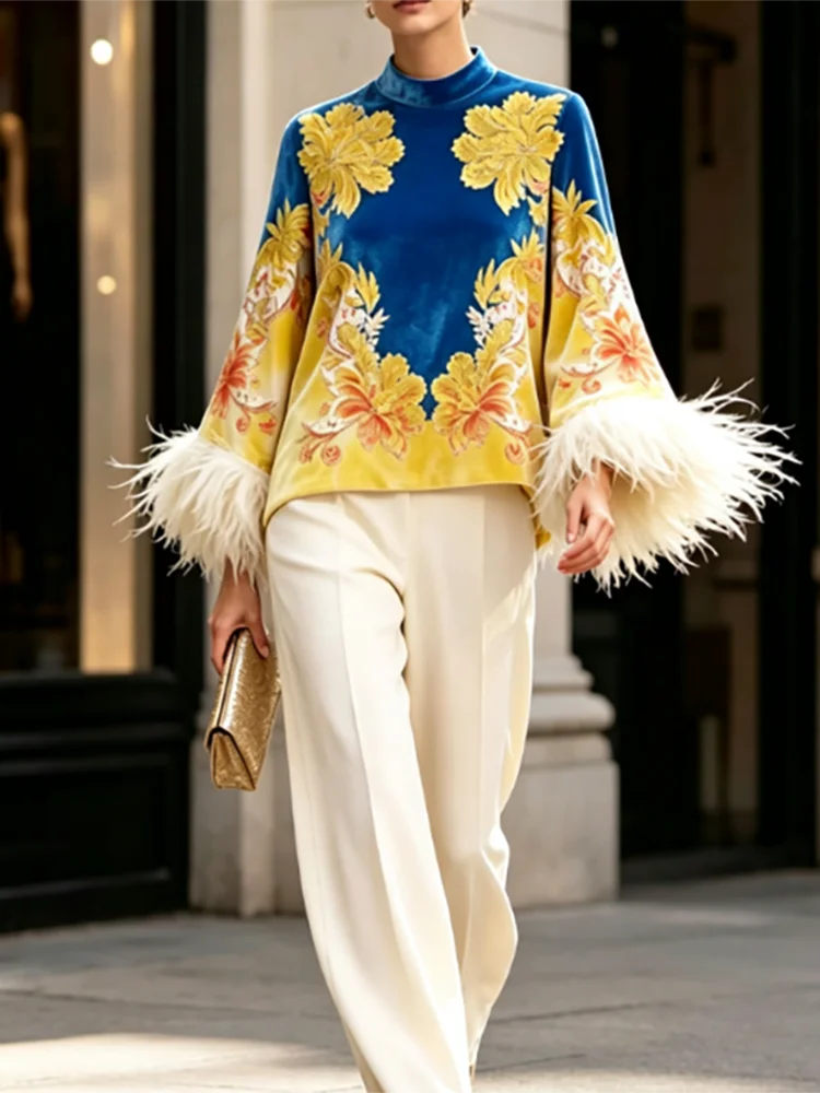 Retro Print Office Commute Pullover Luxury Velvet Trumpet Sleeve Feather Splice Shirt Casual Contrasting Color O-Neck Loose Tees