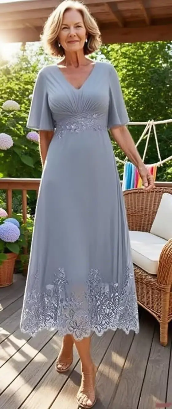 فساتين أم العروس بطول الشاي ورقبة على شكل V وأكمام للنساء مزينة بالدانتيل فساتين سهرة رسمية