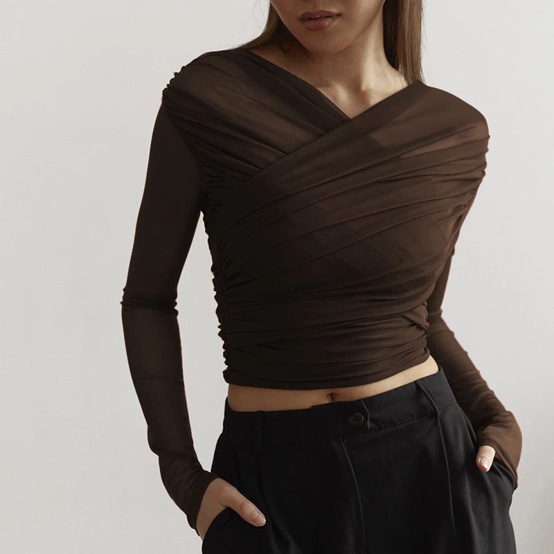 CUTENOVA Chic Design Cross Neck Crop Top Solid Color Mesh See Through Sexy Pleated Long Sleeve Elegant T-Shirt For Women Casual image 6