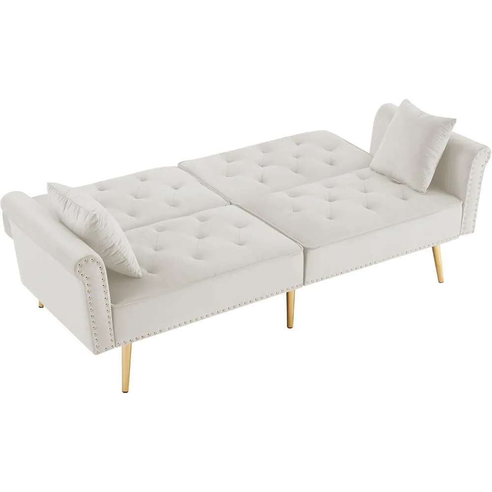 

69.6" Velvet Tufted Convertible Sofa Bed, Copper Nail Decoration, Metal Legs, 2 Pillows, White, Modern, Living Room