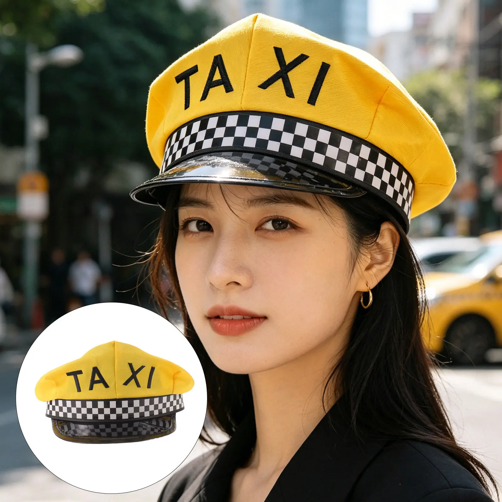 Taxi Driver Costume Hat Wide Brim Cap With Black Visor Checkerboard Band Taxi Patch Chauffeur Headwear Cosplay Role Play Props