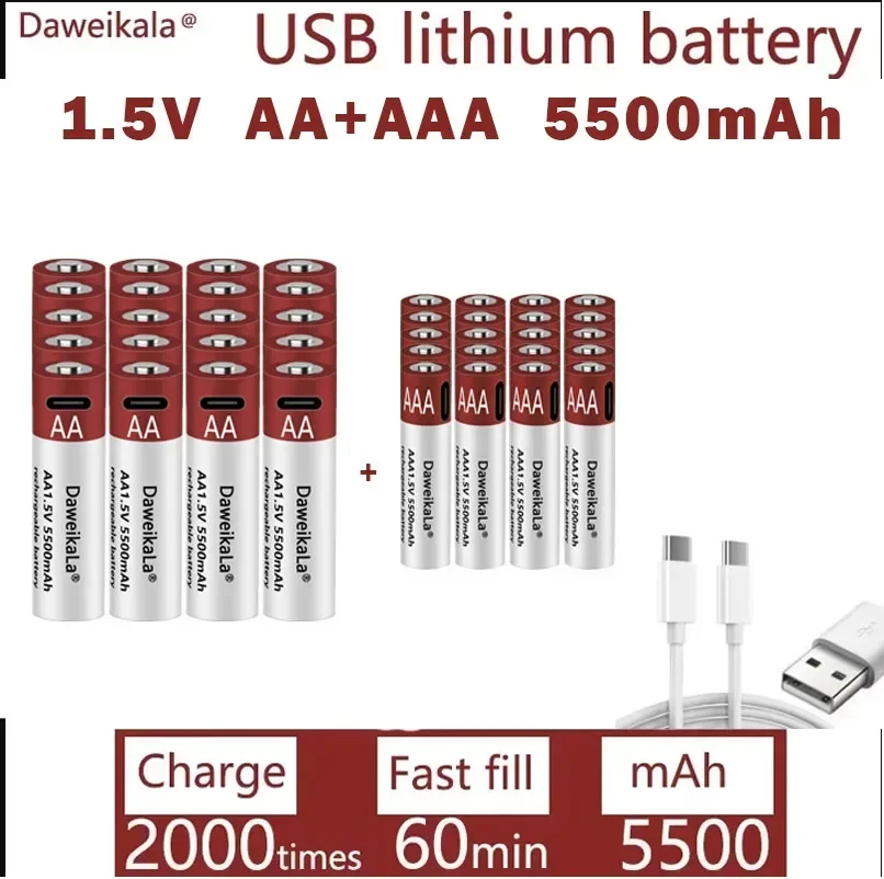 Neue wiederaufladbare AA 1,5 V 5500 mAh/1,5 V AAA 5500 mAh Lithium-Batterie Taschenlampe Spielzeug Uhr MP3-Player Lithium-Batterie Ersatz