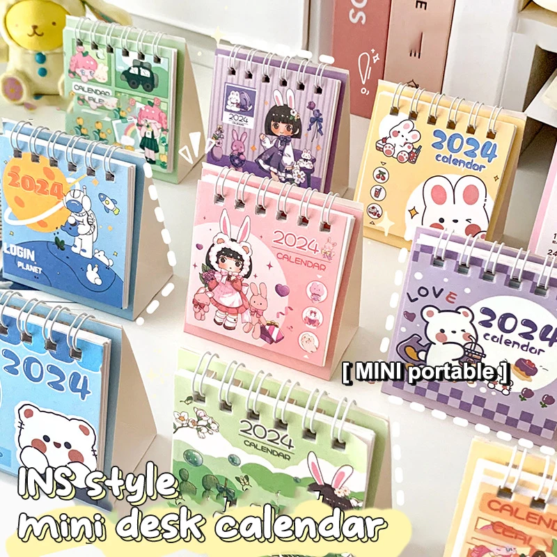 Mini calendário de mesa para meninas, desenhos animados fofos, anime, ano novo, portátil, criativo, mensal, decoração de escritório, 2024