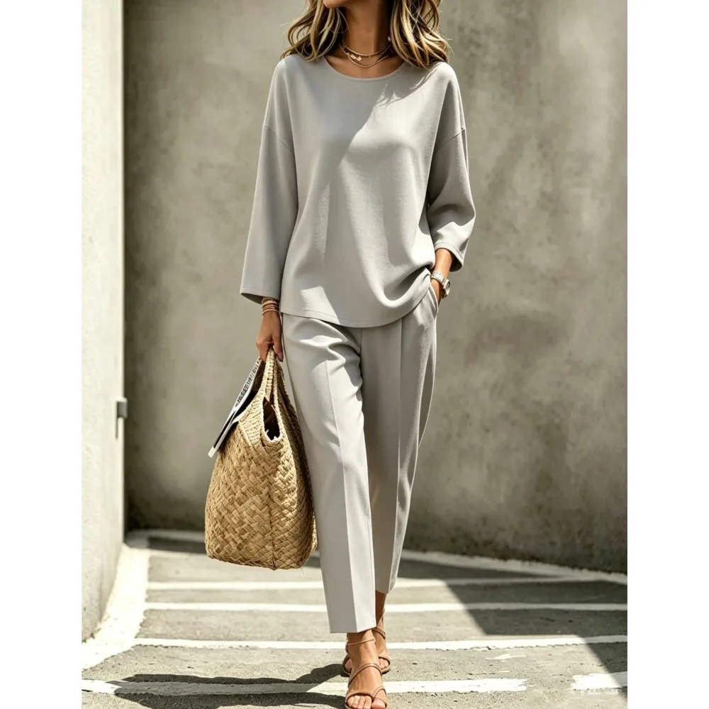 Women 2Piece Set Outfit O Neck 3/4 Sleeve Loose Top Cropped Ankle Pants Set Spring  Autumn Casual Office Daily Suit With Pockets