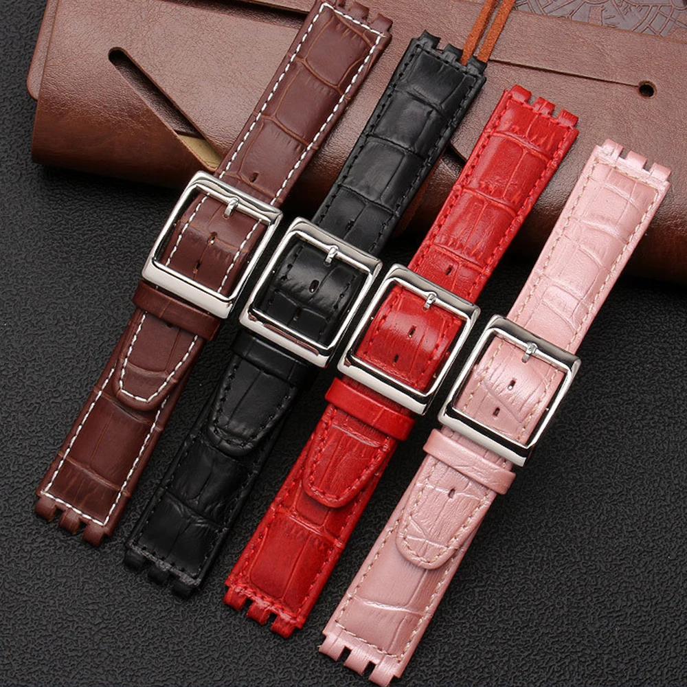 17mm 19mm Genuine Calf Leather Wrist Strap For Swatch Watch Band Men Women Alligator Pattern Bracelet Watchband Accessories