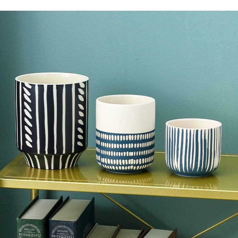Painted Lines Ceramic Vase Hydroponics Flowers Pots Desk Decoration Flower Arrangement Simplicity Floral Vases Modern Home Decor