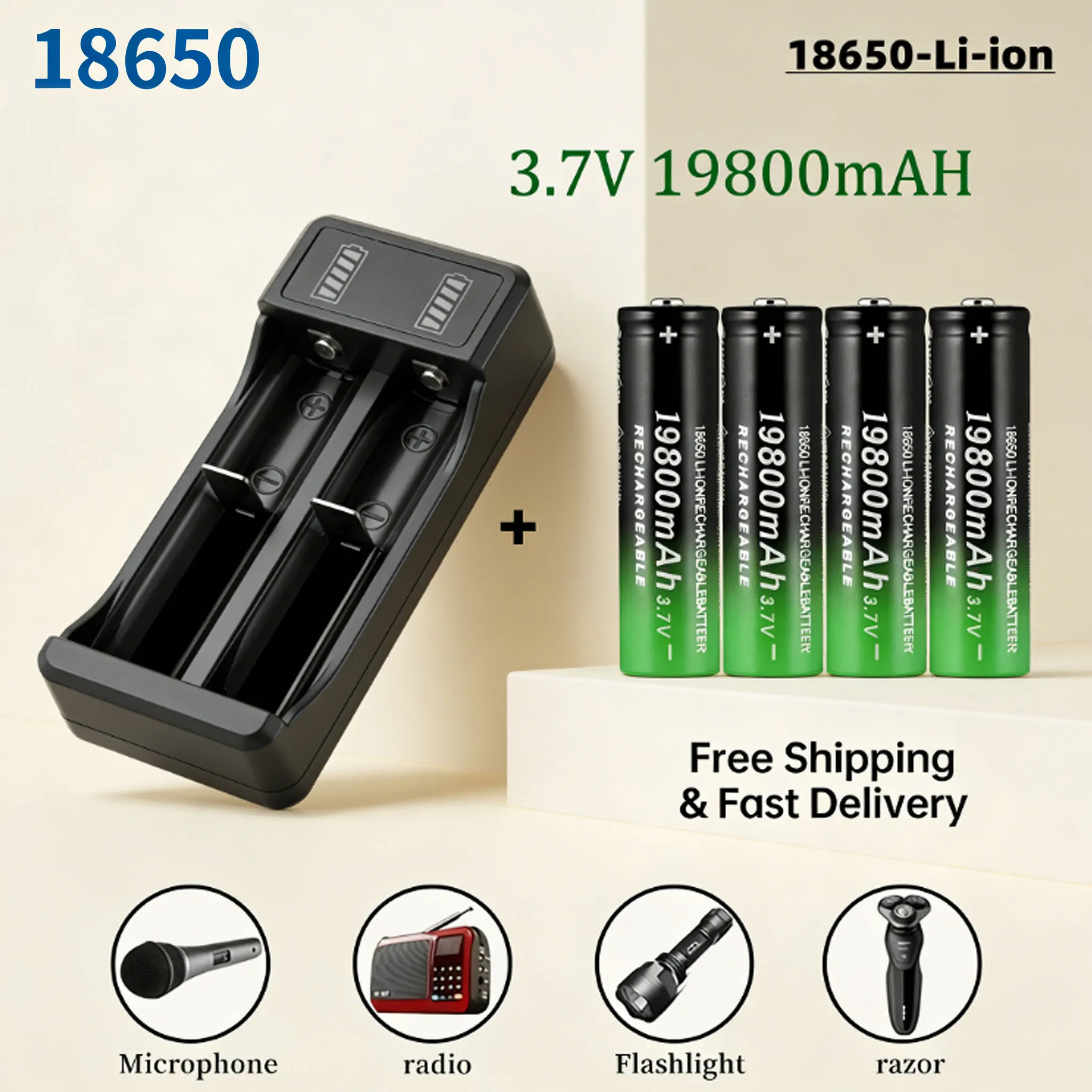 

New 18650 3.7V 19800mAh Rechargeable Battery & Charger Set, for LED Flashlight, Torch and Electronic Equipment
