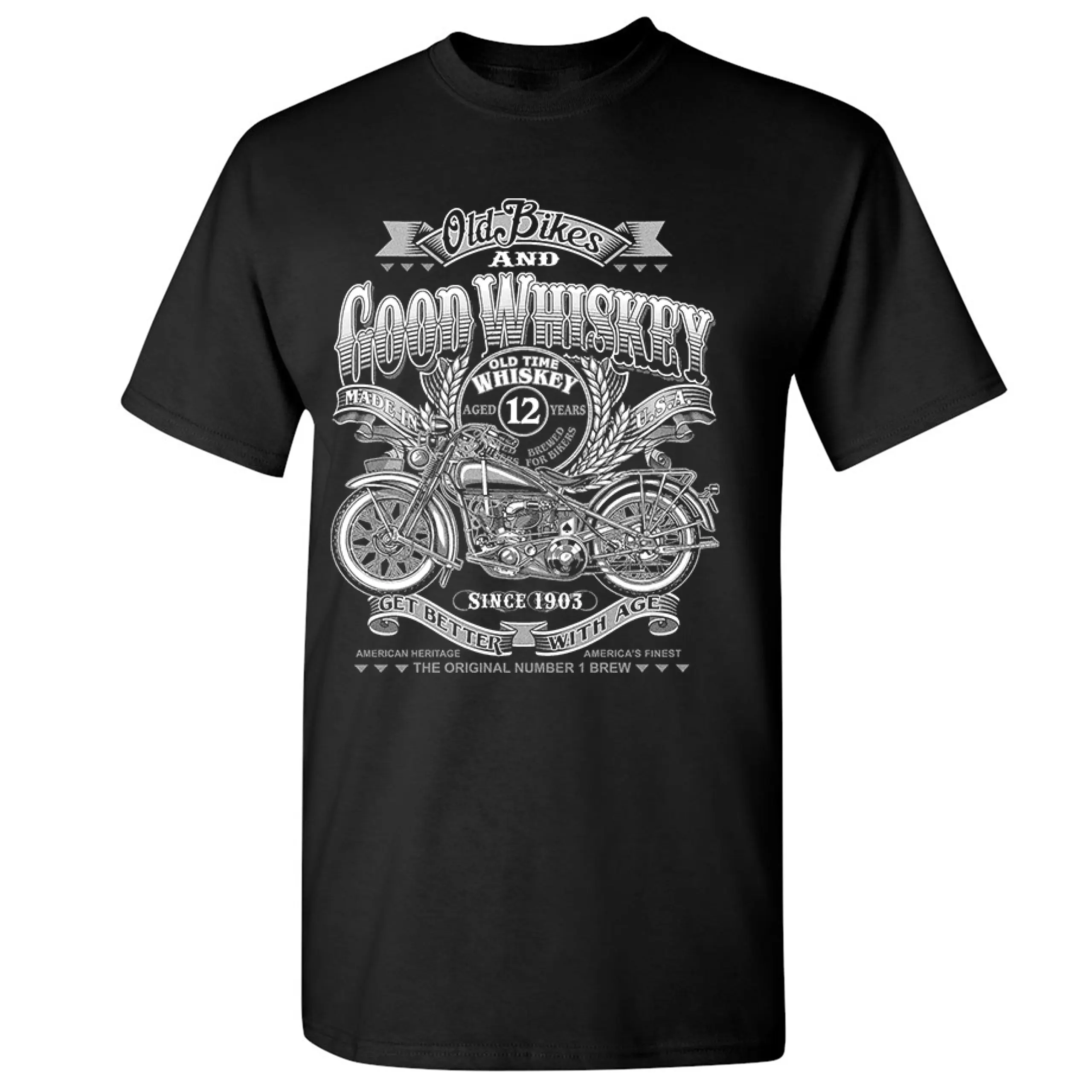 

Old Bikes and Good Whiskey Old School Route 66 Motorcycle T-Shirt 100% Cotton O-Neck Short Sleeve Summer Casual Mens T-shirt