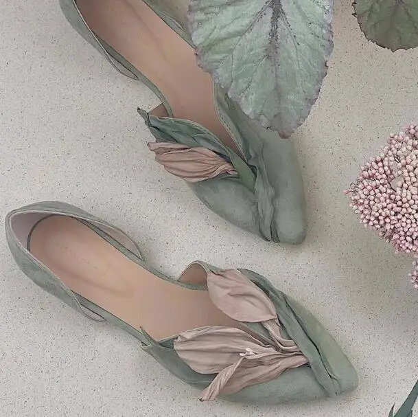 Pure Hand Made Retro Pink Green Suede Petal Ladle Shoes Women Pointed Toe Genuine Leather Hollow Slip On Comfortable Flat Shoes