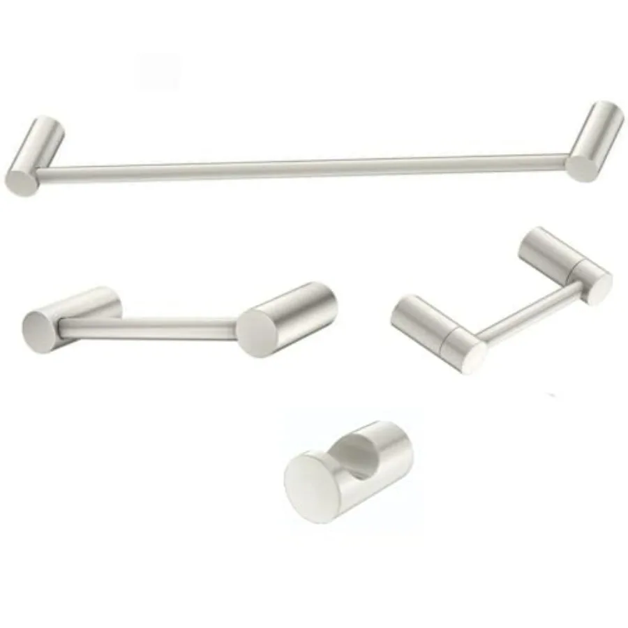 

Bathroom hardware set: brushed nickel, contemporary design, 4-piece wall-mounted set including 24-inch towel bar, hand towel ba