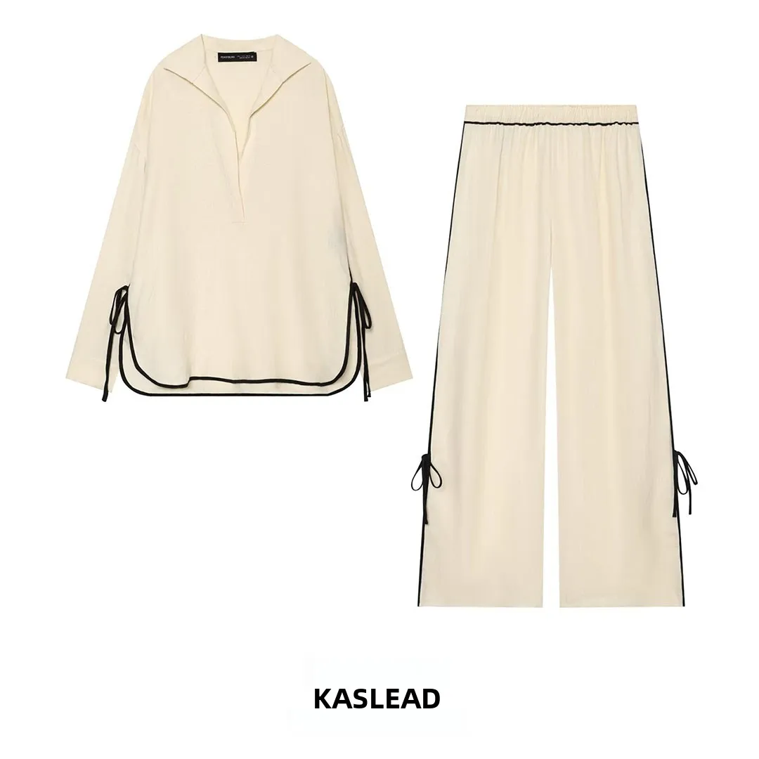 KASLEAD New Women's Long Sleeve Shirt Color Block Wide Leg Pants Fashion Set Polyester Fiber mid Waist Autumn Collection