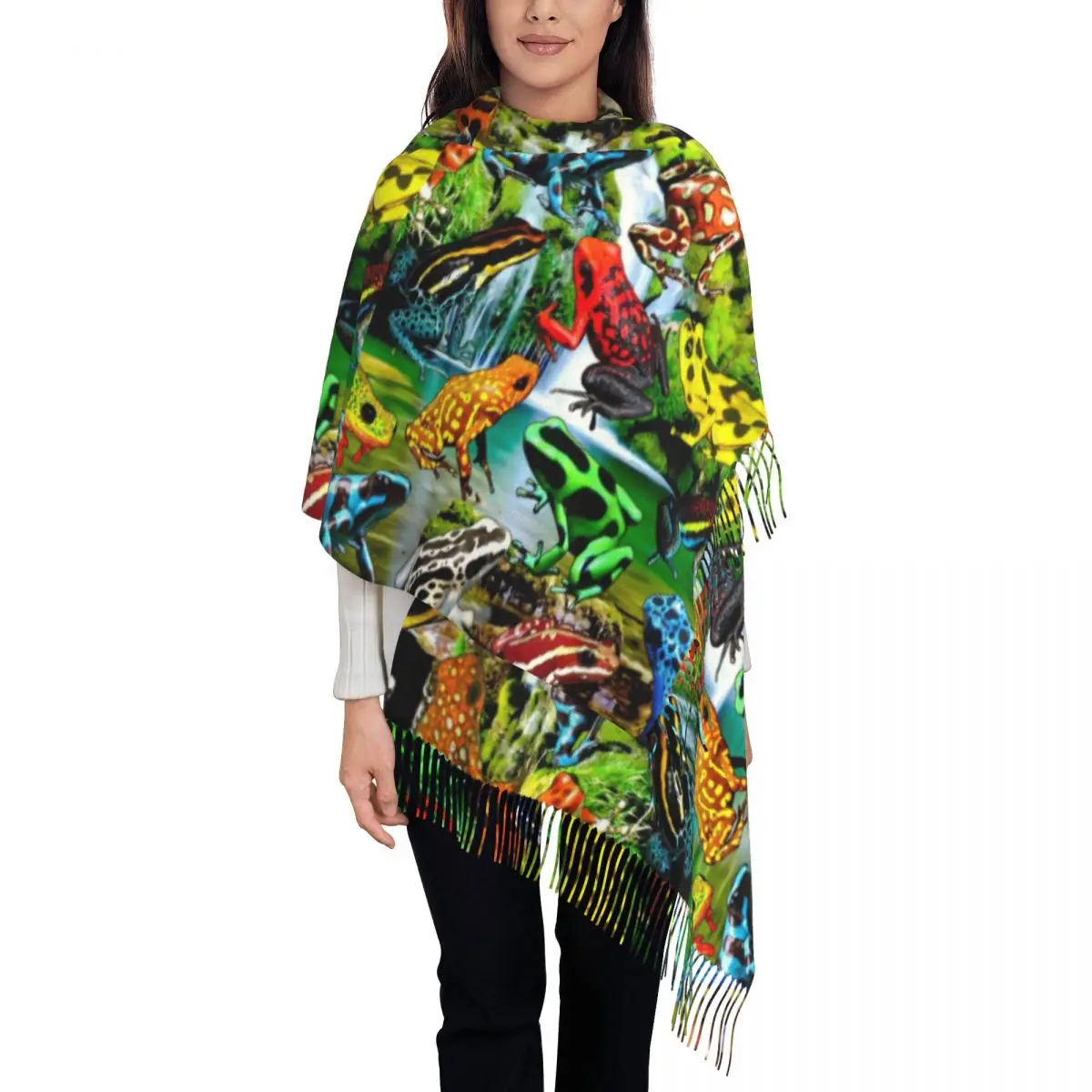 Rainforest Frog Scarf Colorful Poison Frogs Warm Soft Shawls and Wrap with Tassel Female Cool Headwear Scarves Autumn Bufanda