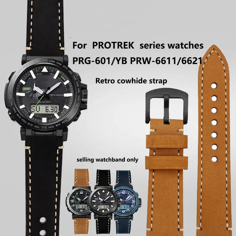 

24mm Men's Watch Strap For Casio PROTREK Watch PRG-601/YB PRW-6611 PRW-6600 PRG650 Series Vintage Cowhide Watch Strap