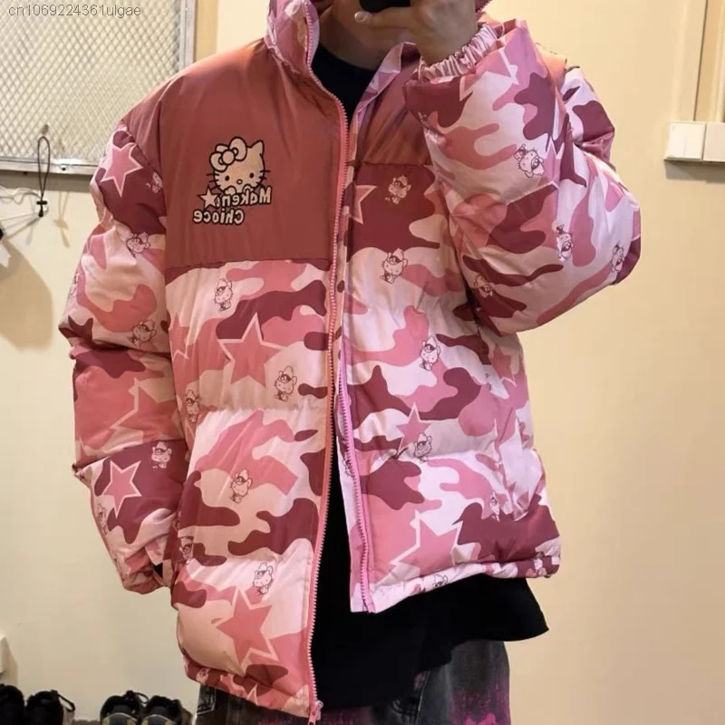 Sanrio hello kitty roupas nova estrela estilo americano solto outono inverno algodão acolchoado jaquetas mulheres camuflagem casaco na moda casal