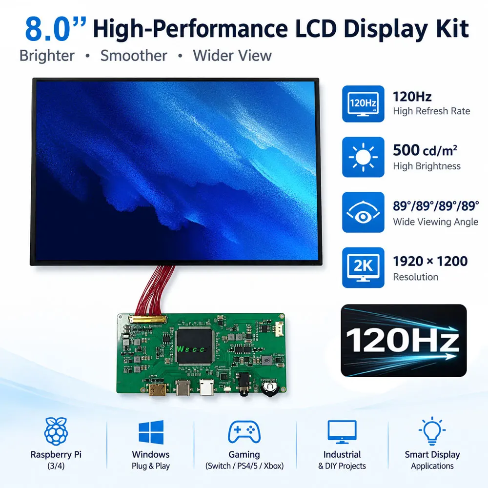8 Inch 120Hz Touchscreen 1920x1200 500 Nits LCD Monitor USB-C Mini HDMI Display for Raspberry Pi Windows Gaming Display
