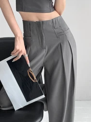 Solid Office Work Wide Leg with Pockets Trousers for Women Tailoring Clothes High Waist Buttons Female Pants Slacks Vintage 90s