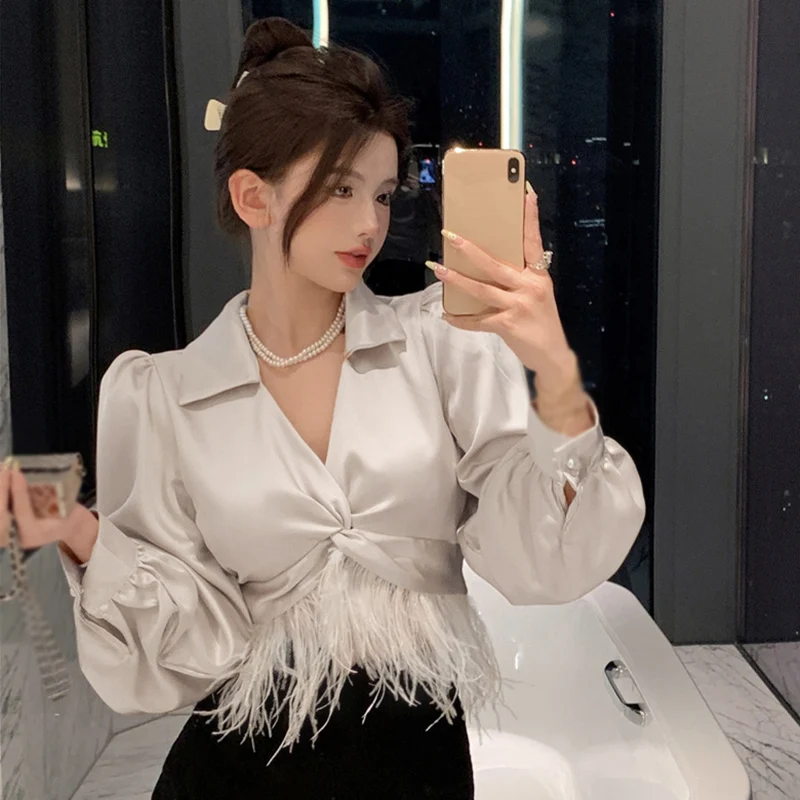 Satin Sexy V-Neck Women\'s Shirt High-end Design Feather Tassel Fashion Bodycon Short Coat Blouse Solid Color Elegant Party Cloth