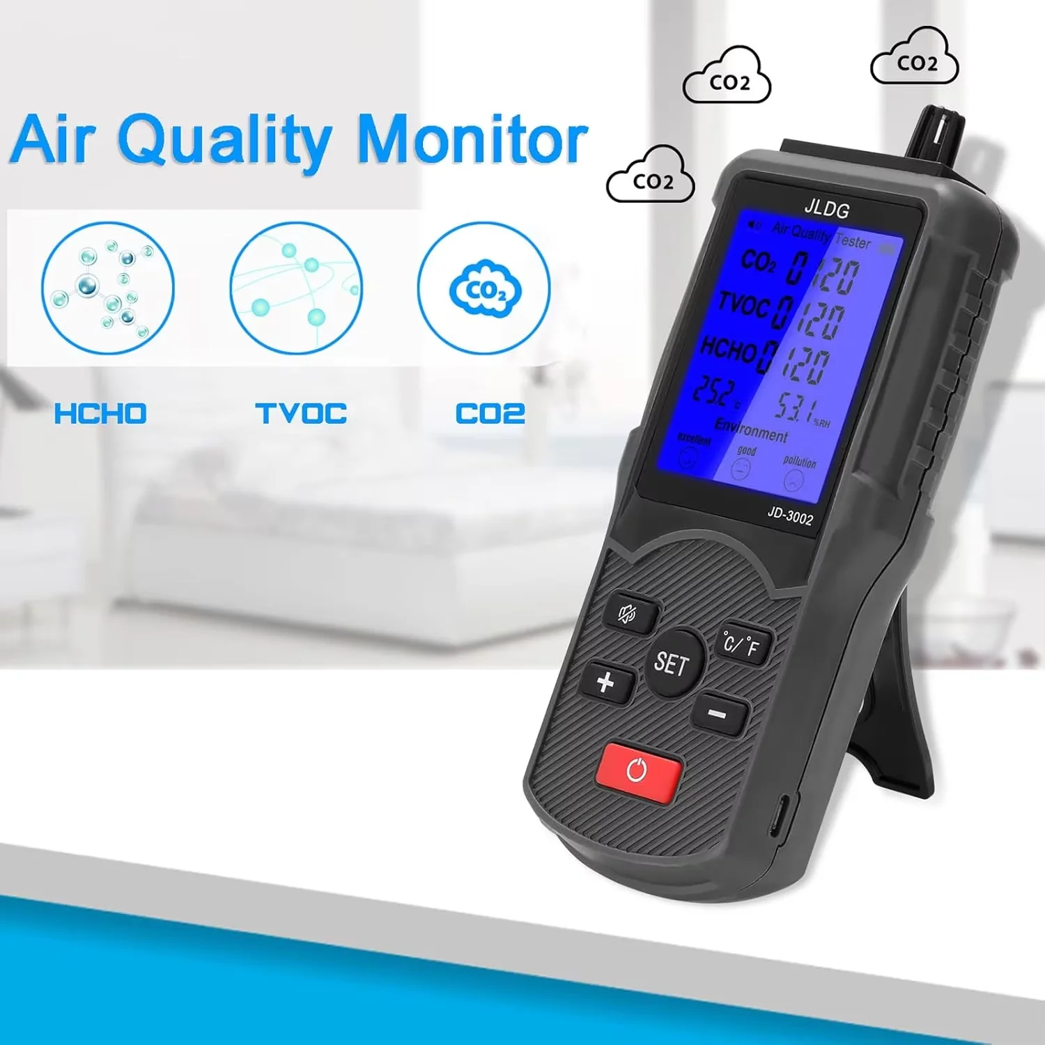 5-in-1 Air Quality Tester JD3002 CO2 PPM Meter VOC Detector with Real-time Temperature And Humidity Display Indoor Air Analyze