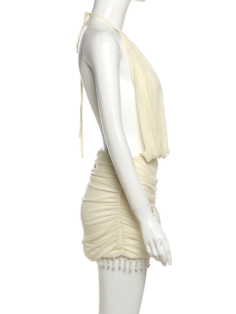 Mini abito patchwork in rete da donna con lacci Halter sexy senza schienale con perle nappa Midnight Club Party abiti eleganti increspati