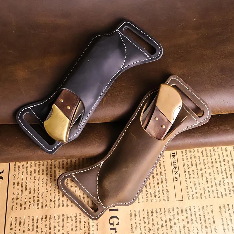 RIYAO Vintage Genuine Leather Waist Belt Case Sheath Outdoor Tools Folding Knife Mini Pocket Knife Pouch Holder Cowhide Scabbard