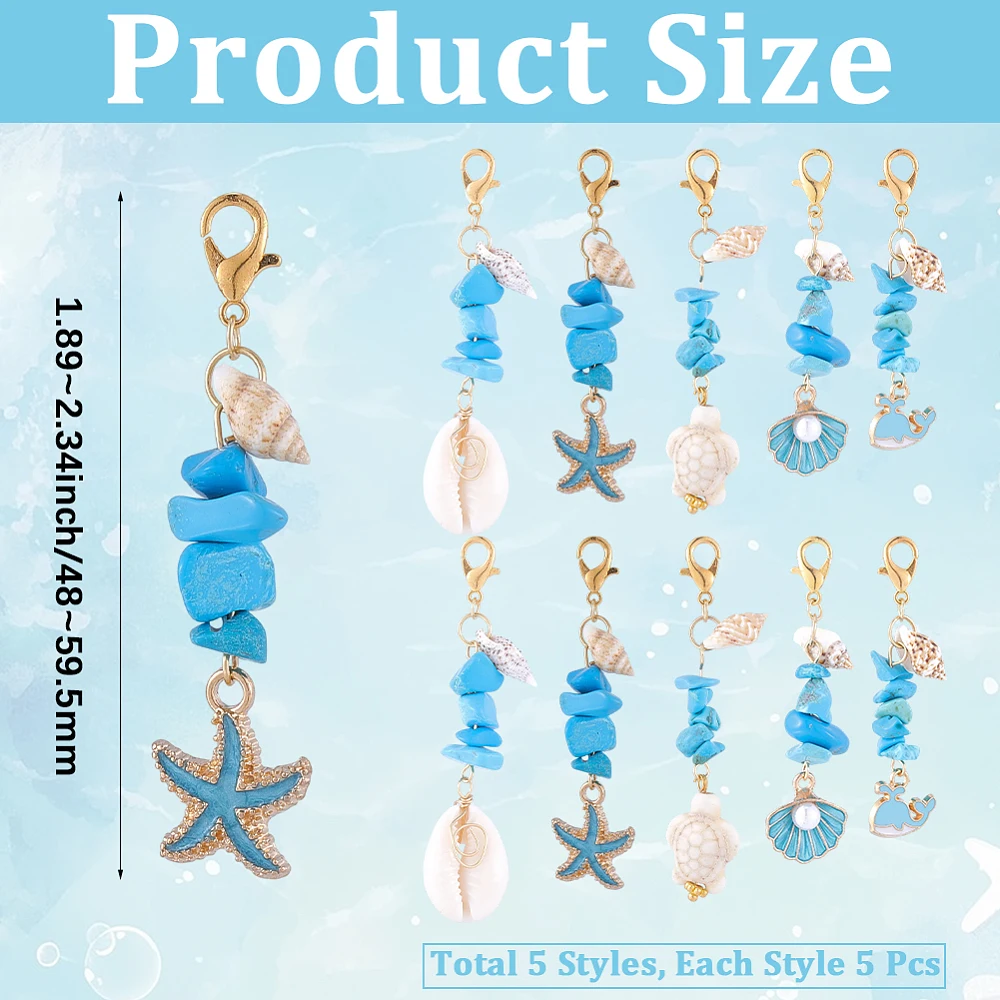 25Pcs 5 Styles Sea Animal Charms Shell Starfish Turtle Pendants with Turquoise Beads Alloy Lobster Claw Clasps Pendant Set
