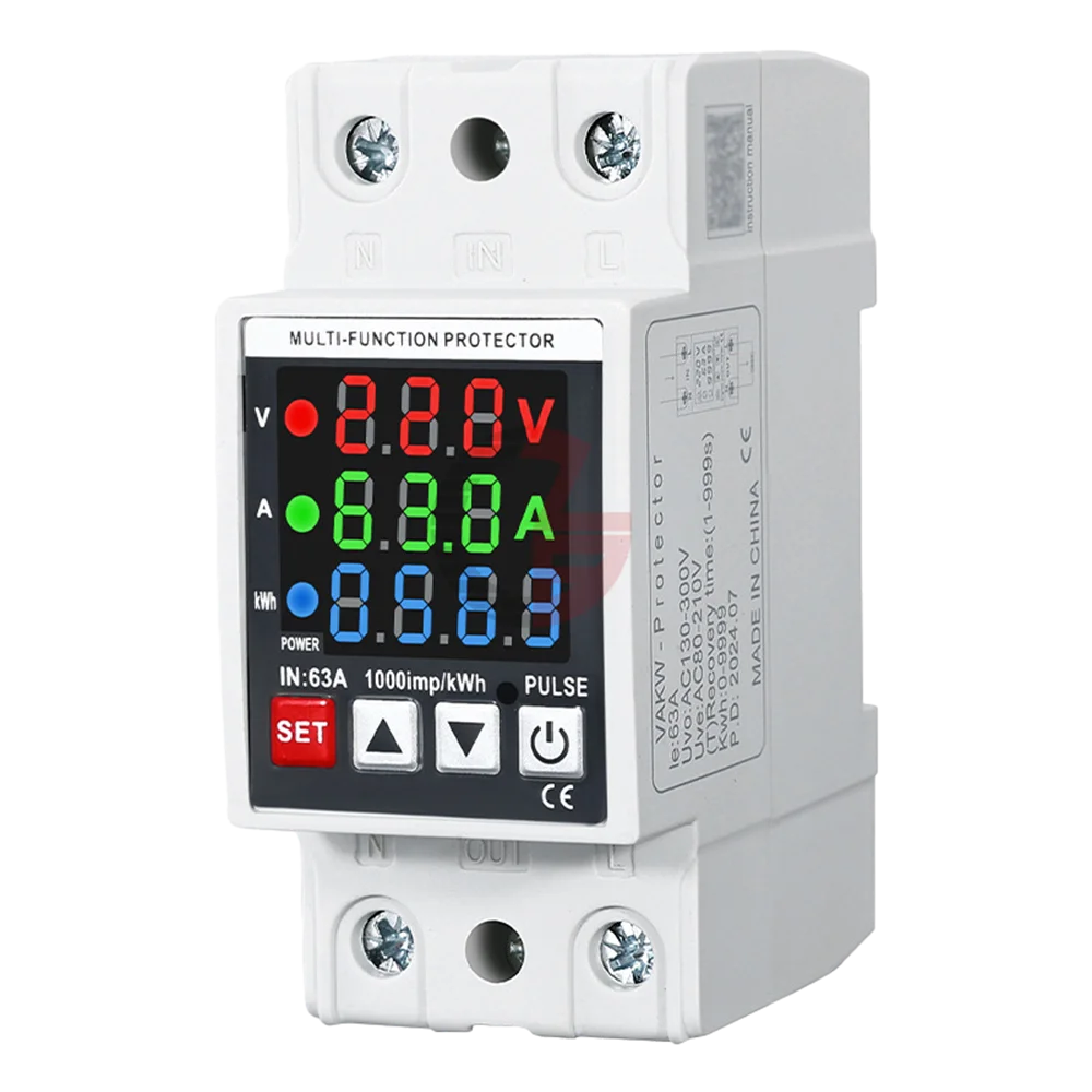 63A Din Rail 3-in-1 Display Adjustable Over Voltage Current and Under Voltage Protective Device Protector Relay Volt Power Meter