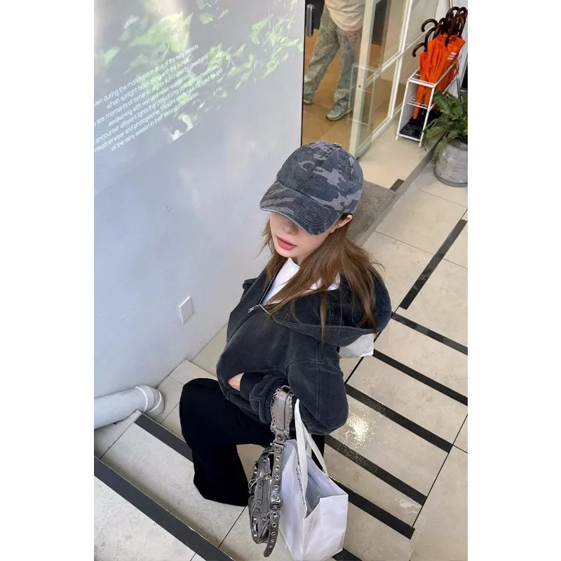 Fashion American Spice Girl Sweater Women's 2026 Spring New Dark Grey Washed Old Hooded Sweater Jacket view 5