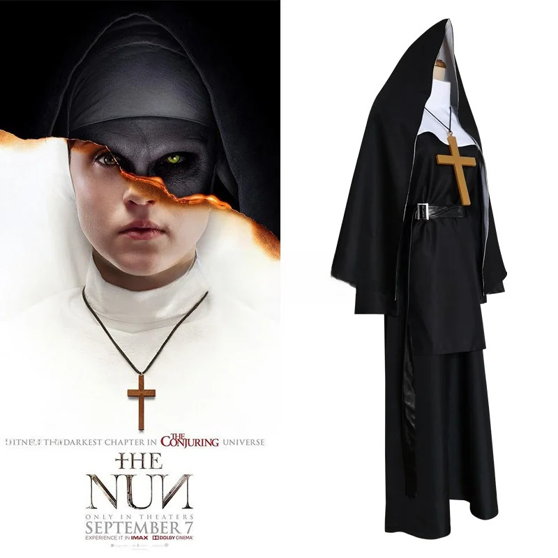 زي الراهبة البيضاء التأثيري للهالوين شبح نون كاهن موضوع ملابس نسائية تقليدية ملابس أداء المسرح