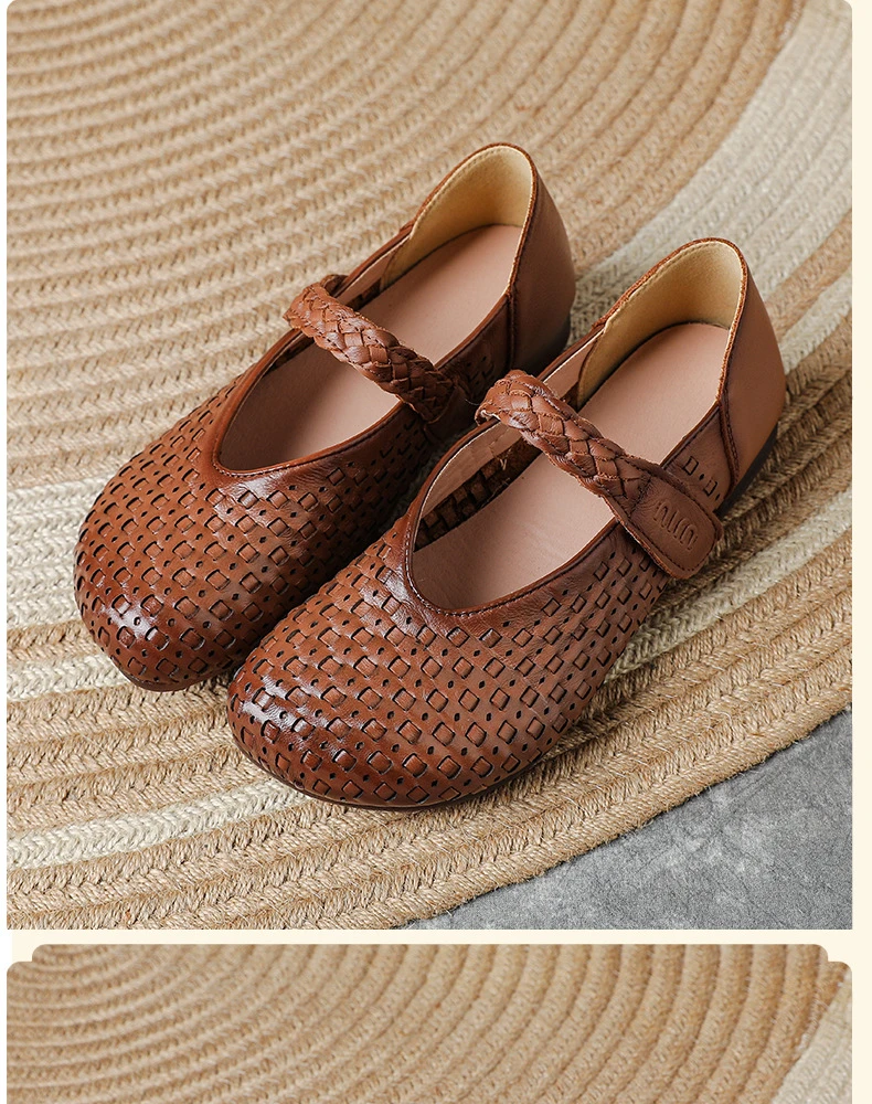 Retro-Kunst-Ästhetik Echtleder Mary Jane Flats Damen Premium Rindsleder Geflochtene Schuhe Elegante Mokassins Vintage-Schuhe – Detail 11
