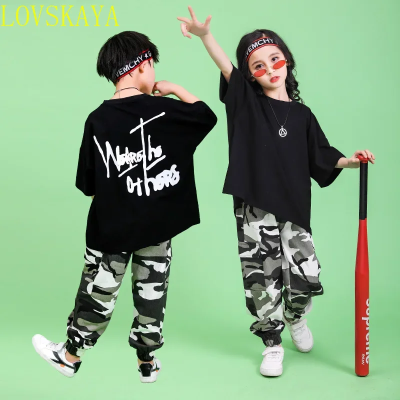 Black Girls Boys Hip Hop Dancing Costumes for Kids Short T Shirt Tops Camouflage Jogger Pants Jazz Ballroom Dance Clothes Wear