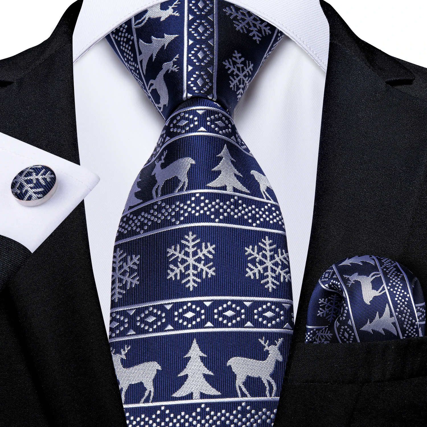 Christmas Ties for Men Blue White Snowflake Elk Tree Santa Claus Print Festival Party Accessories Necktie Set Men's Gift