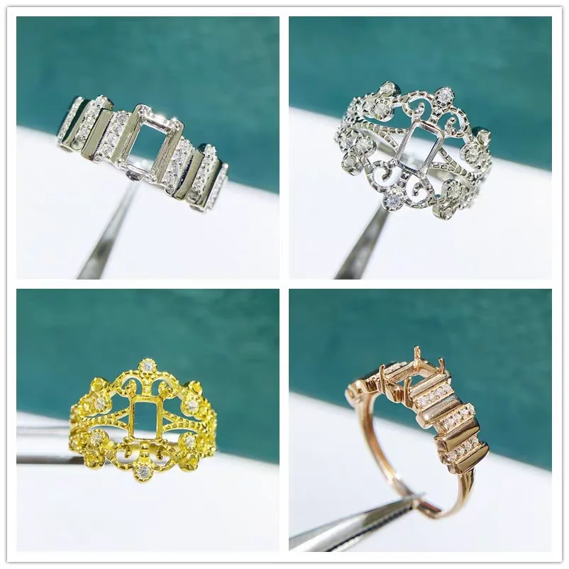 

MeiBaPJ 4*6 Rectangle Stone 925 Sterling Silver Fashion Ring Holder DIY Empty Support for Women Fine Charm Jewelry