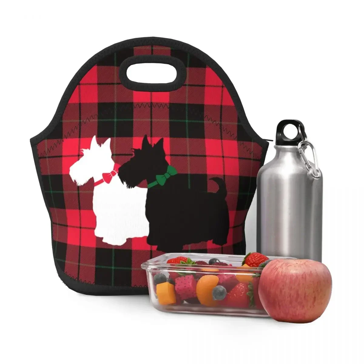 Tartan Scottie Dog Neoprene Insulated Lunch Bag for Women Portable Scottish Terrier Lunch Tote Office Work School Picnic Bags