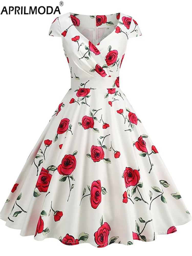 夏レトロヘップバーンスタイル 1950 年代 60 年代フレアカジュアルドレスレモンローズチェリープリント白黒ヴィンテージミディロング滑走路パーティードレス
