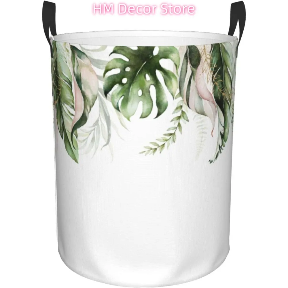 Cesta para la colada, cesta organizadora para el baño con hojas tropicales verde y rubor, cesto de tela plegable impermeable con forro para el hogar S