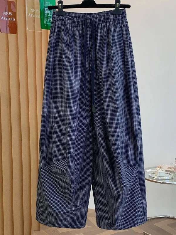 

Retro Small Plaid Casual Loose Wide Leg Pants Thin Elastic Waist Large Size Women's Spring Summer Thin Wide Leg Trousers