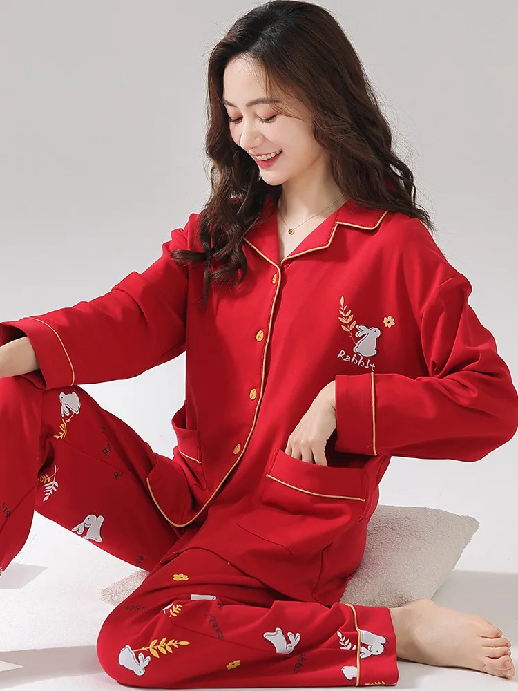 Women\'s Pajamas Autumn Winter Pure Cotton Long Sleeved Red Christmas Home Wear Set Casual Plus Size Pyjamas Female M-3XL