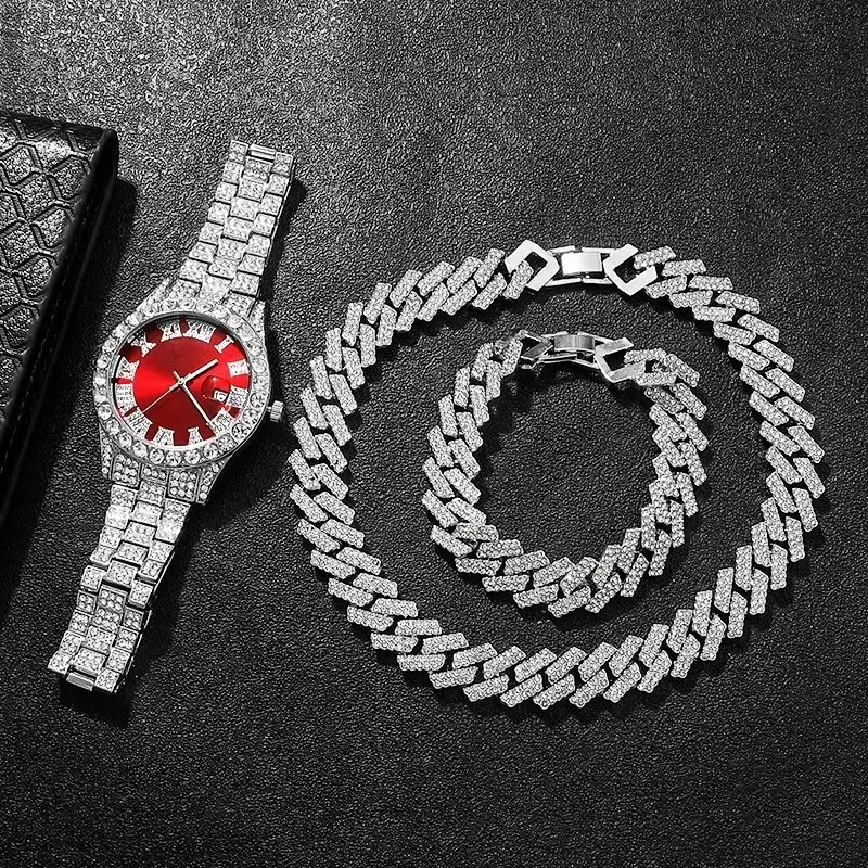 Fashion rhinestone watch hip hop 14mm claw cuban chain rapper cuban necklace set men and women punk party gift