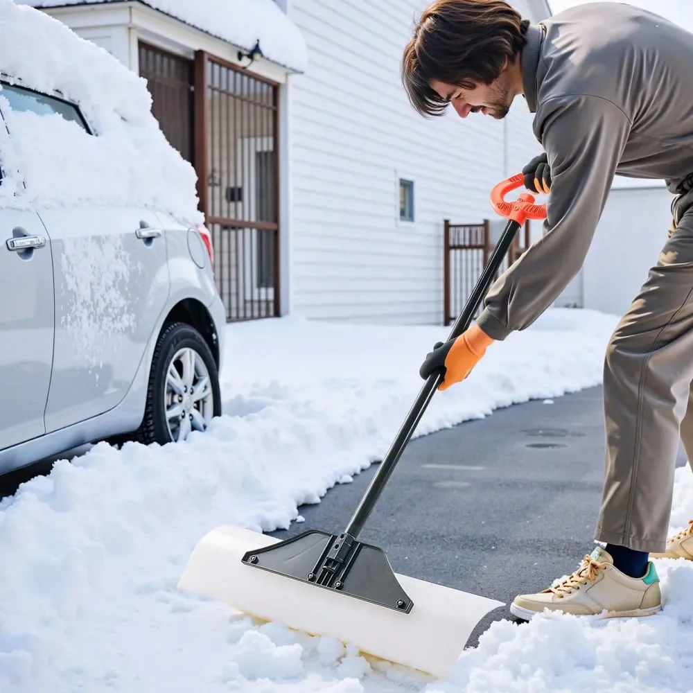 

Pusher Shovel, 30 In Outdoor Snowplow Shovel With Ergonomic Grip, HDPE Plastic Blade, Winter Shovels With Segmented Handle, Met