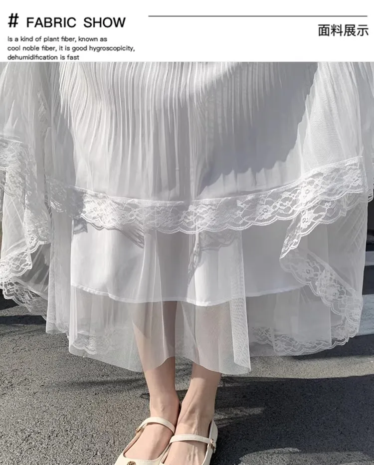 Retro Süßer Weißer Langer Rock für Damen, Lässiger Lockerer Rock mit Hoher Taille, Eleganter Vintage-Rock mit Spitzenbesatz, Koreanischer Sommer-Langrock – Detail 7