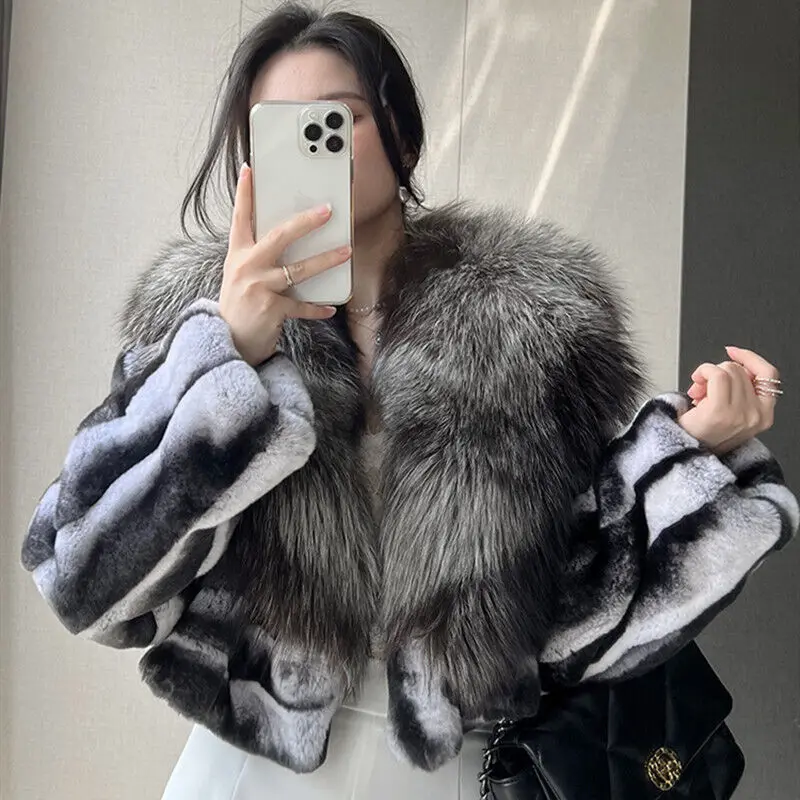 Fashion Winter Real Rex Rabbit Fur Coats With Silver Fox Fur Big Shawl Collar Chinchilla Jacket Woman Genuine Fur Warm Overcoat