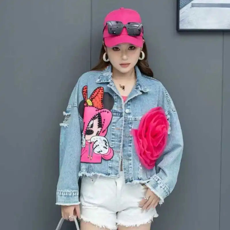 

Thailand Tide Brand 2024 Spring Heavy Industry Cartoon Beaded Denim Short Jacket Women's Age-reducing Fried Street Sequined Top