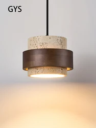 Led Pendant Lamp Bedroom Beside Chandelier Small Stone Light Wood Walnut Color Hanging Lighting Fixture Retro Bar Restaurant